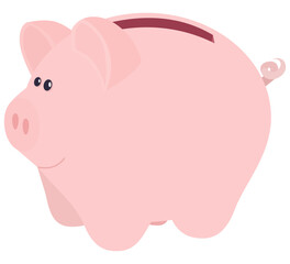 Cute, pink piggy bank with a slot for coins on its back. Concept for saving money, investment, finance, or budgeting. (cut out)