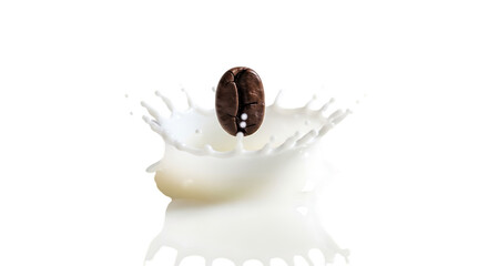 Coffee bean falling into milk splash isolated on transparent background, creating a dynamic collision and showcasing the creamy richness, ideal for coffee product promotions