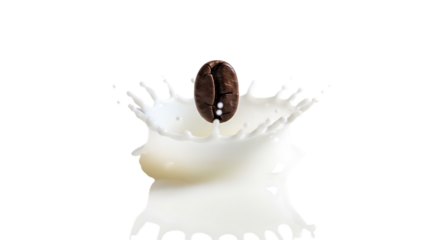 Coffee bean falling into milk splash isolated on transparent background, creating a dynamic collision and showcasing the creamy richness, ideal for coffee product promotions