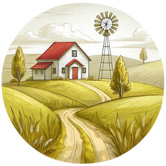 Countryside farmhouse red roof windmill dirt road rolling hills rural landscape summer sunny transparent background serene scene of farmhouse