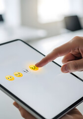 Hand Selecting a Sad Emoji on a Digital Tablet Displaying Customer Feedback