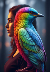 Rainbow Layered Woman Transforming into Bird Profile