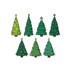 Vector New Year set featuring Christmas trees decorated with balls, stars, and garlands. Evergreen fir trees for holiday designs.