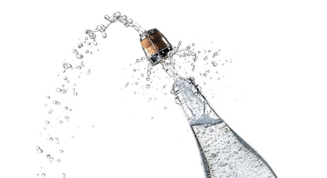 A refreshing splash of water erupts from a clear glass bottle, isolated on transparent background, capturing the purity and invigorating essence of hydration with droplets suspended in midair