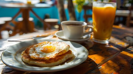 A breakfast setting with fried egg, coffee, and juice on a wooden table outside in the sunlight