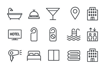Linear hotel and travel icons amenities, services, and locations