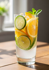 Refreshing Citrus and Cucumber Infused Water in Tall Glass