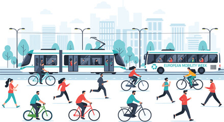 European Mobility Week Silhouette Set | People Using Bicycles, Walking & Public Transport