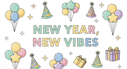 New year, new vibes lettering with party decoration isolated on transparent background