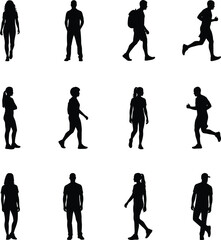 Obraz premium Human silhouette bundle, walking, running, standing, black profile figures, motion poses, people activity, vector set, minimal style, isolated design