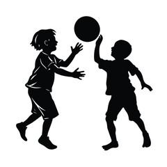 Silhouette of Children Playing with Ball on White Background