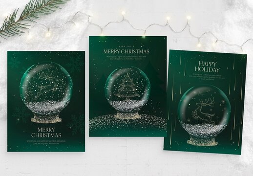 Christmas Flyer Template with Luxe Snow Globe Illustration in Green & Gold Winter Wonderland Scene