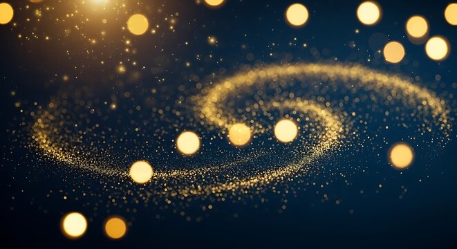 Golden glittering particles form a swirling spiral against a deep navy background with soft light orbs