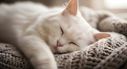 Obraz premium White Persian Cat Sleeping on Cozy Knitted Blanket