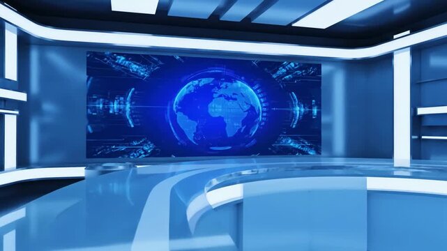Sleek Virtual News Desk Environment with tv studio room background blue newsroom bakground backdrop for any green screen or chroma key video production loop 3d rendering distortion, overlay, glitch