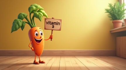 a cheerful cartoon carrot stands on a wooden floor, holding a sign that reads "vitamin a" in front of a brightly lit wall with a potted plant. 
