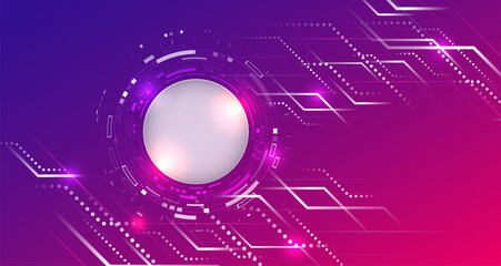 Vibrant futuristic tech background with glowing circular interface and geometric digital lines in pink and purple tones. Ideal for innovation, technology, and modern digital themes.