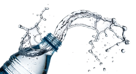 Invigorating splash of water erupting from a plastic bottle isolated on transparent background, capturing the purity and refreshment of the essential liquid in a dynamic and visually appealing composi
