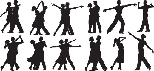 Dancing couple silhouettes vector set. Happy couple dancing together vector silhouette set.