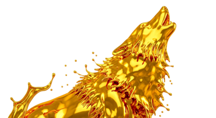 Golden wolf howling isolated on transparent background an artistic representation of a wolf created from liquid gold, capturing the essence of power and elegance in a single, striking image the fluid 