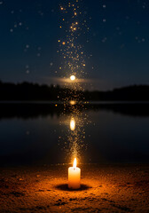 Single Candle Flame Illuminated by Golden Sparkles on a Lake Shore at Night