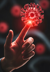 Hand Interacting With Glowing Red Microscopic Virus Model