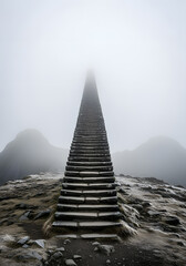 Solitary Towering Stone Steps on Foggy Mountain Plateau