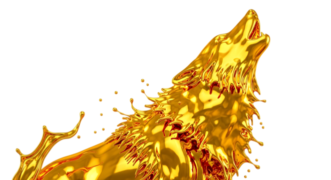 Golden wolf howling isolated on transparent background an artistic representation of a wolf created from liquid gold, capturing the essence of power and elegance in a single, striking image the fluid