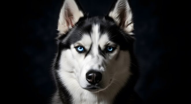 A striking siberian husky with intense blue eyes stares directly at the camera, set against a dark, dramatic background