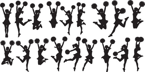 Cheerleader Silhouette Big Set. Cheerleader group dancing with pompom editable vector illustration