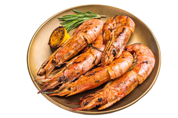 Grilled red Argentine shrimps, Prawns Langostino Austral on a plate with herbs isolated on white background. top view