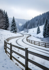 Snowy Winter Landscape with Winding Road and Wooden Fences