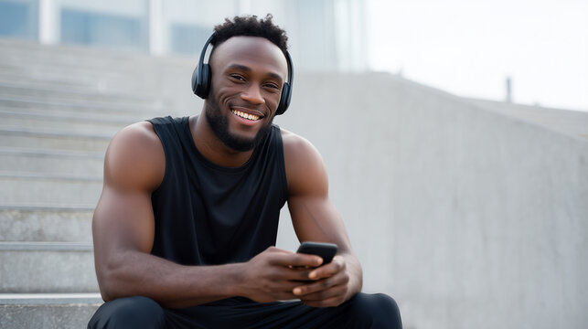 ChatGPT ÑÐºÐ°Ð·Ð°Ð»:Sporty young Black man sitting on outdoor concrete steps, wearing headphones and athletic clothes, smiling while listening to music and holding his smartphone. The s