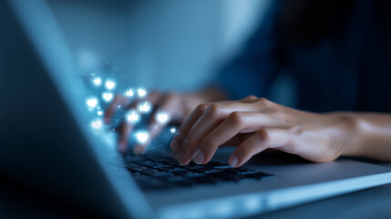 Close-up of female hands typing on a laptop keyboard with floating social media icons likes, followers, comments, and messages visualized through glowing holographic network connec