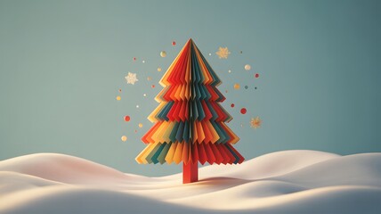 Geometric Low Poly Christmas Tree Papercraft Design on Blue Green Background