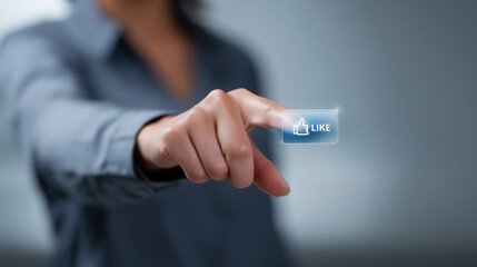 Close-up of a personâs hand pressing a virtual blue "like" icon with a white thumbs-up symbol on a transparent digital interface. Modern social media and technology concept represe