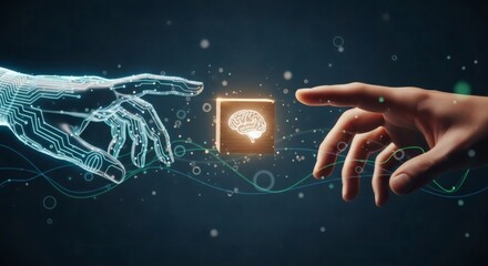 Artificial intelligence and human collaboration concept – Digital technology, innovation, and connection between human and robotic hand reaching for brain symbol representing future intelligence