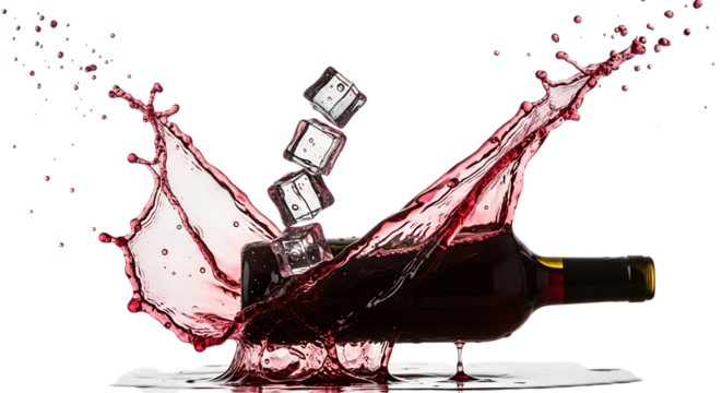 A dramatic splash of red wine surrounds a bottle and ice cubes, creating a visually striking image isolated on transparent background the cool tones and dynamic movement evoke a sense of refreshment a