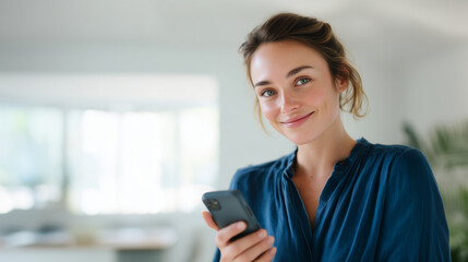 Fototapeta premium Young woman holding a smartphone, looking at it with a cheerful, confident expression. She stands in a bright indoor or light outdoor setting, natural daylight softly illuminating