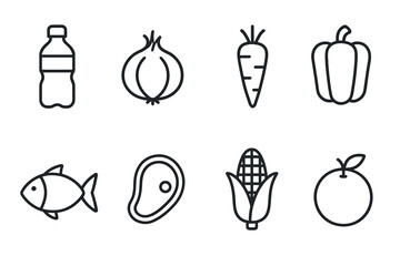 Fototapeta premium Minimalist food outline icons vegetables, fruits, meat, fish, beverage