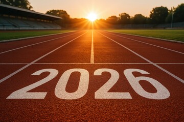 Running track with 2026 text, realistic style, stadium at sunrise, concept of future goals