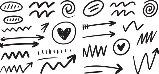 Collection of hand drawn doodle arrows, heart, lines, and shapes for various design, vector illustration