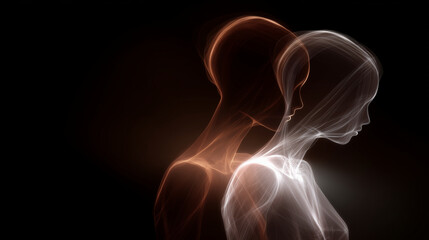 Abstract composition of intertwined human silhouettes drawn with glowing linear strokes in warm copper and white tones on a dark background. The image symbolizes diversity, unity,