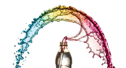 A vibrant, colorful splash of liquid erupting from a bottle, creating a dynamic and eyecatching visual, isolated on transparent background the rainbow effect adds a sense of fun and creativity