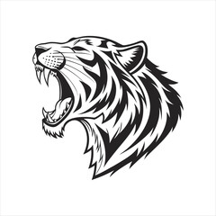 Roaring Tiger Head Vector Illustration in Black and White