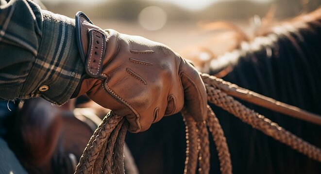 Close Up of a Cowboys Gloved Hand Holding a Rope on a Sunny Day.