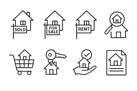 Real estate icons sold, for sale, rent, and more in minimalist outline design - Powered by Adobe