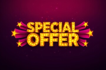 Golden marquee text special offer with bursting stars and sparkles on dark purple background