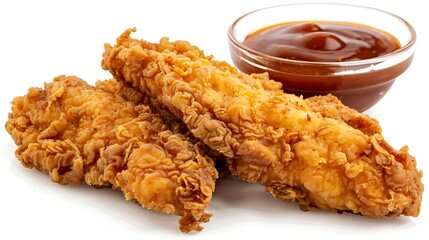 Two crispy fried chicken tenders with a small bowl of barbecue sauce on a white background