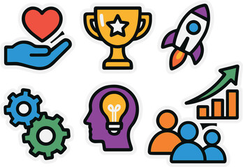 Colorful business icons featuring achievements, growth, and teamwork on gradient background